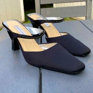 "Valerie Stevens" black satin, formal dress slide / rhinestone trim, 8, EUC